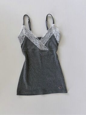 Hollister Charcoal Cami with White Lace Trim